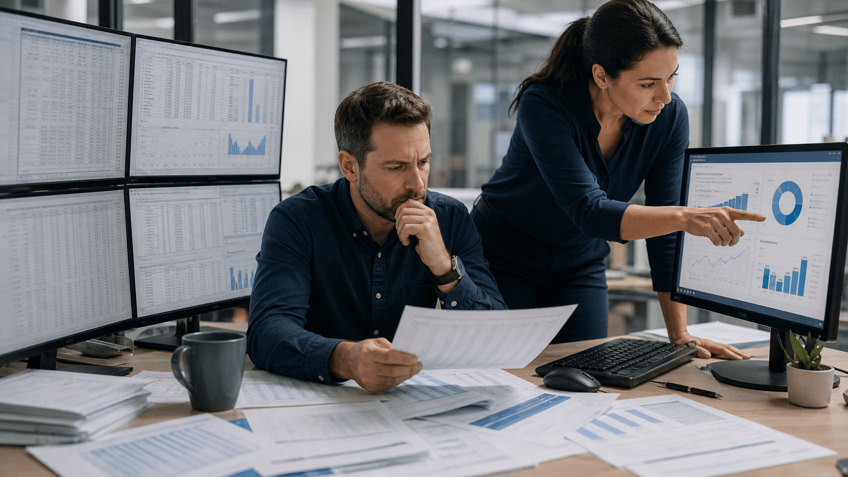 Geschäftsteam vergleicht getrennte Tabellen mit einem vernetzten ERP-Dashboard