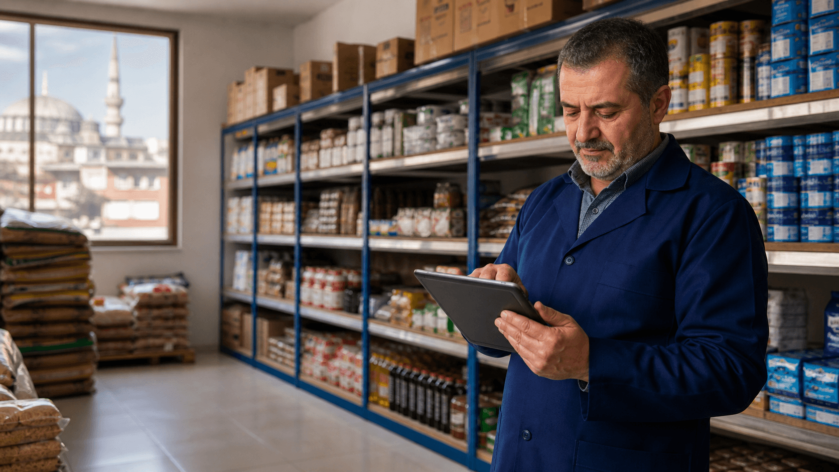 Kleinunternehmer arbeitet mit einem klaren webbasierten ERP-Dashboard