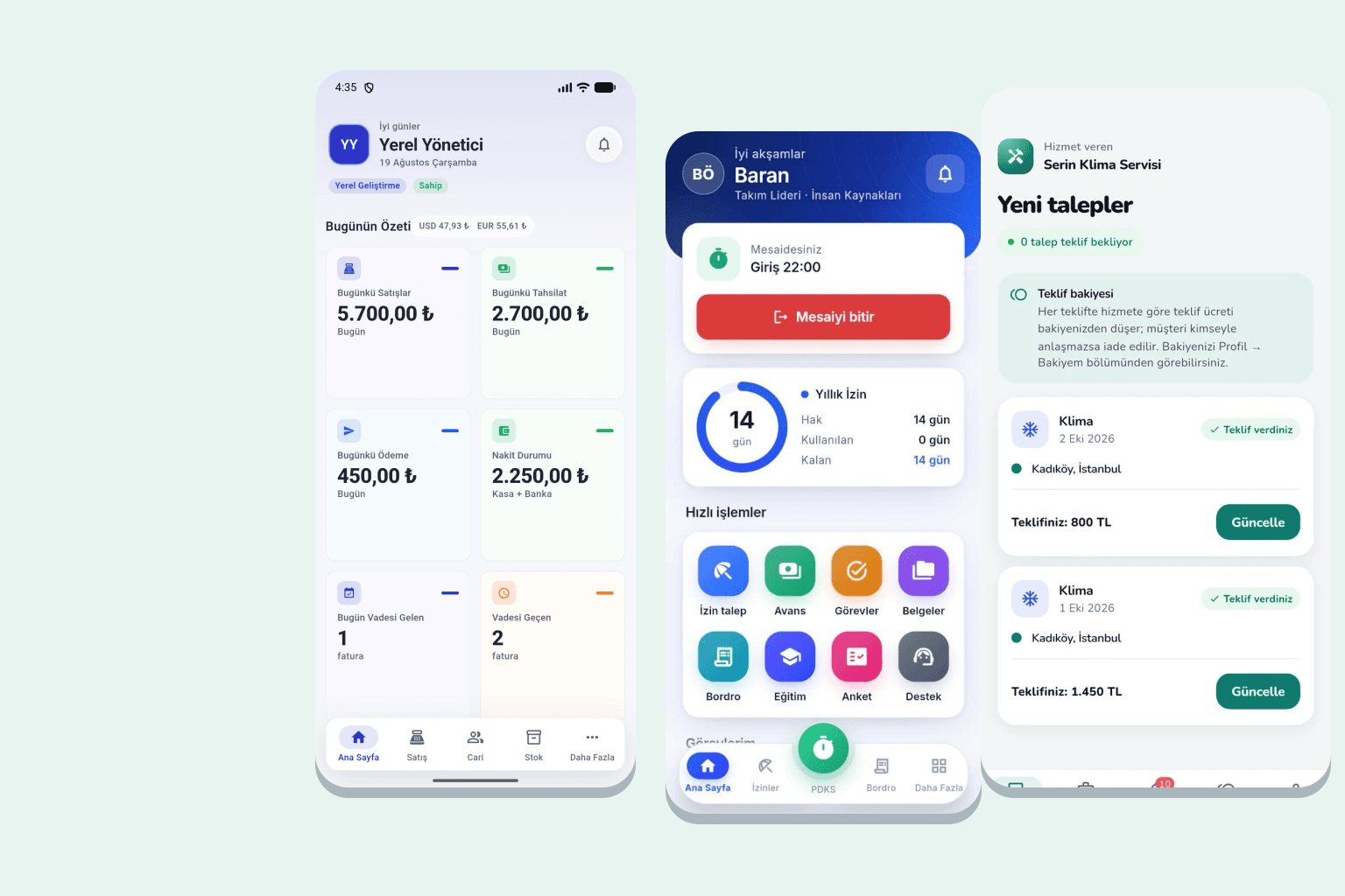 Senin Soft'un geliştirdiği mobil uygulama ve web paneli ekranları
