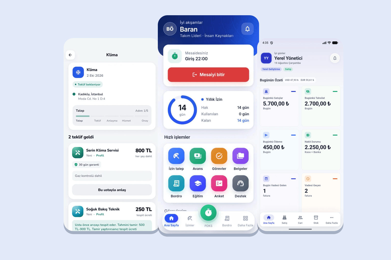 Senin Soft'un geliştirdiği Senin Hesap, seninİK ve Senin Ekip mobil uygulama ekranları