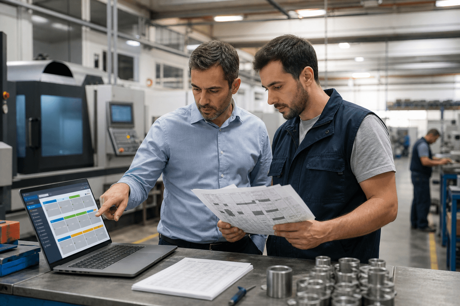 Produktionsteam vergleicht eine Excel-Tabelle mit einem digitalen Fertigungsdashboard