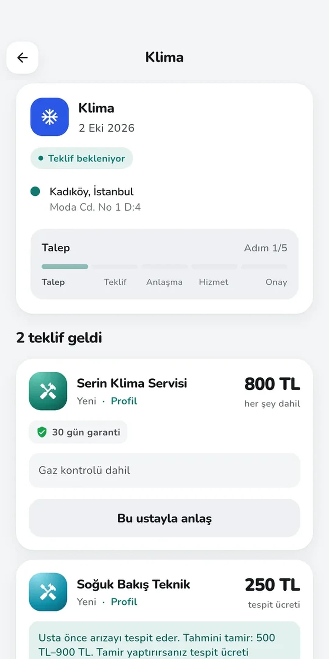Senin Ekip mobil uygulaması: müşteri talebine gelen teklifler
