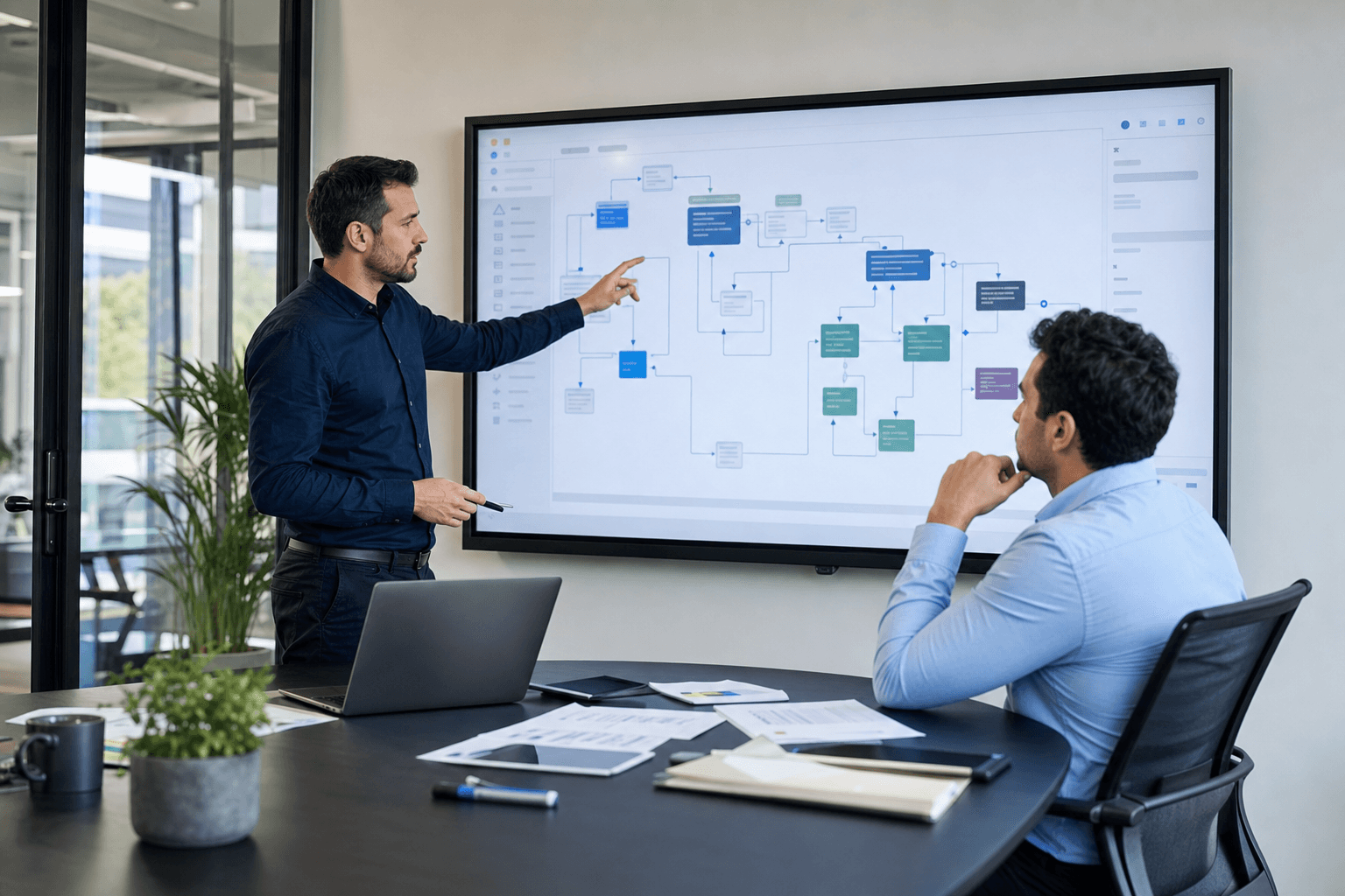 Geschäftsverantwortlicher und Softwareberater prüfen eine individuelle Workflow-Lösung