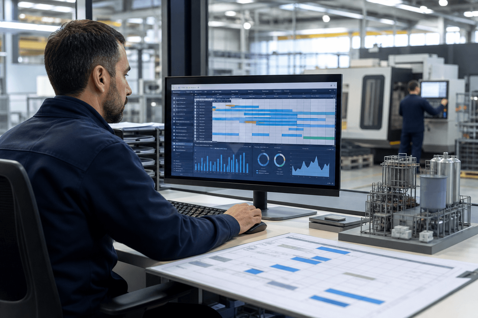 Production planner reviewing capacity and work-order schedule on a digital dashboard